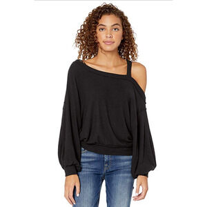 Free People Women Asymmetrical Neckline Sweater Black Size L
